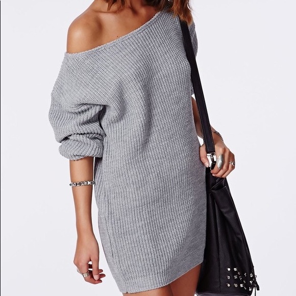 Missguided Grey Off The Shoulder Knit Dress - Picture 4 of 4